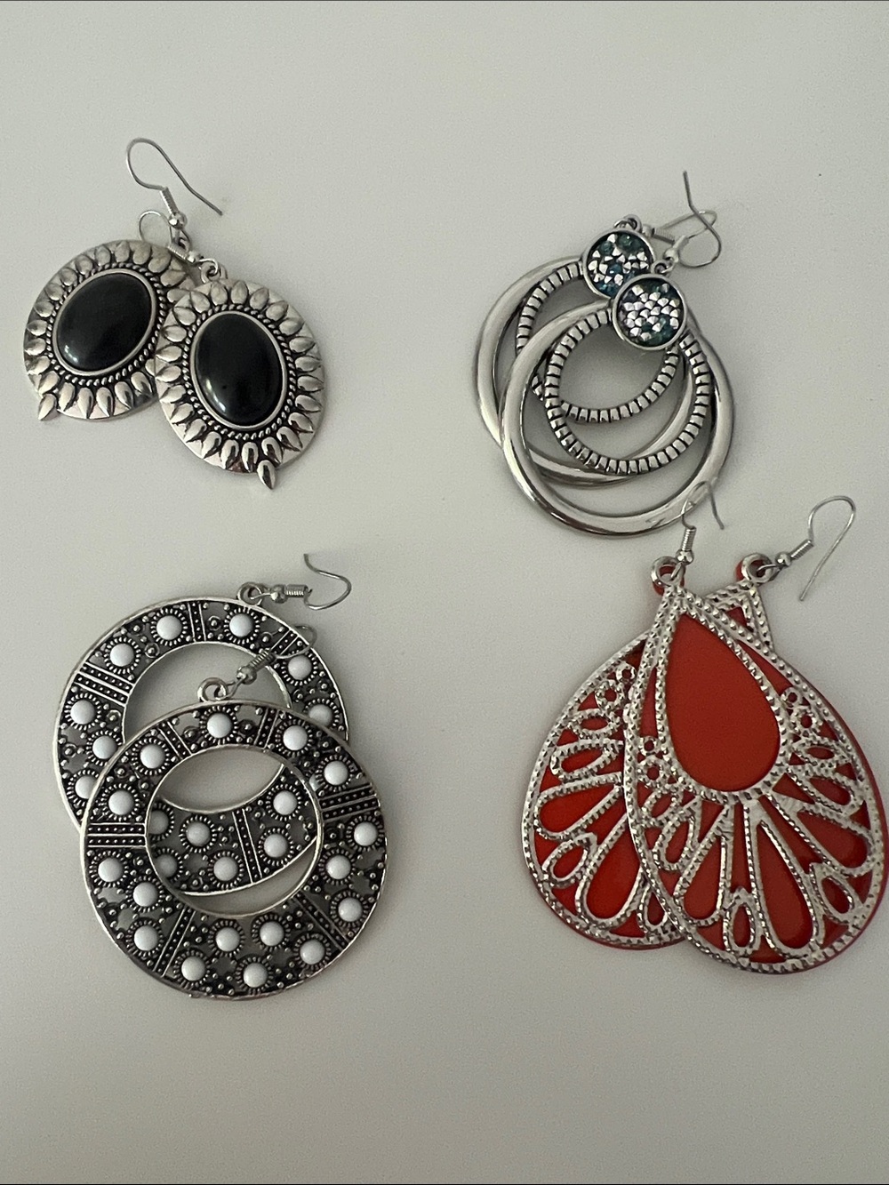 Assorted Women's Silver-Tone Earrings with Black and Red Accents